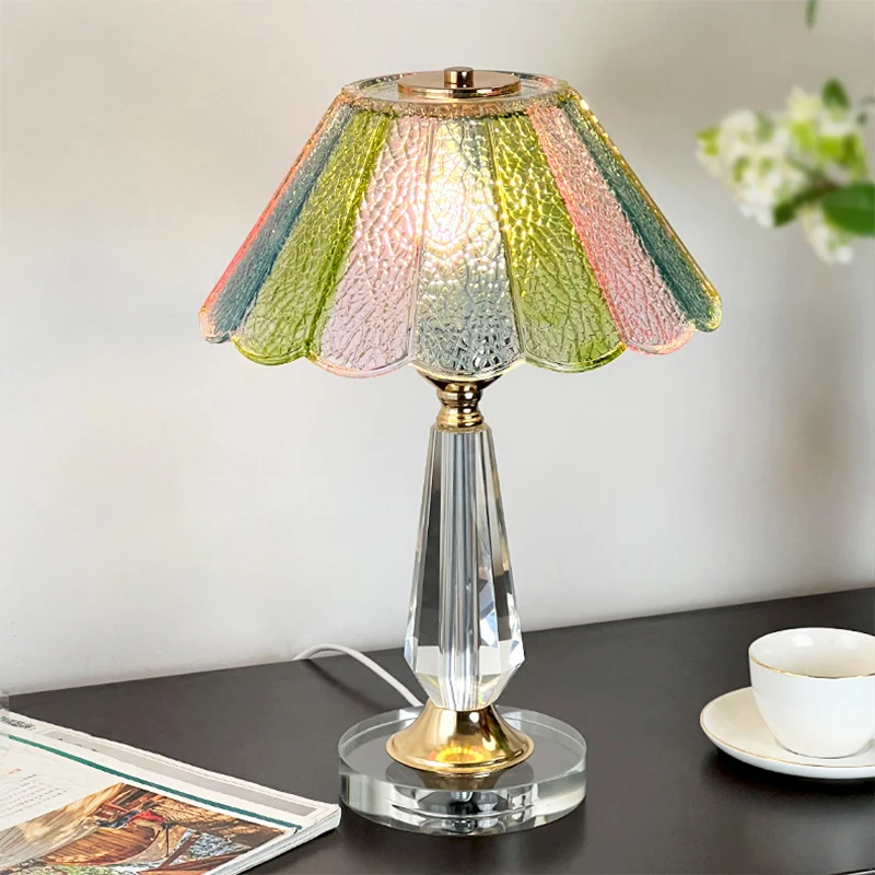 Traditional French Glass Crystal Alloy Round Ruffle Design 1-Light Table Lamp For Bedroom