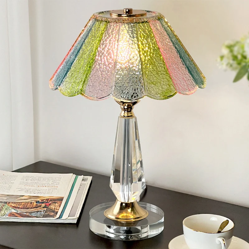 Traditional French Glass Crystal Alloy Round Ruffle Design 1-Light Table Lamp For Bedroom