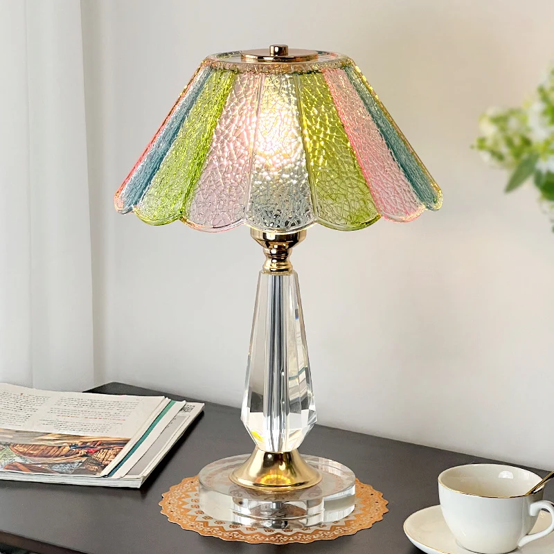 Traditional French Glass Crystal Alloy Round Ruffle Design 1-Light Table Lamp For Bedroom