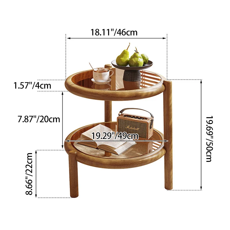 Traditional Rustic Plywood Removable Glass Tabletop Round End Table 2-Tier For Living Room