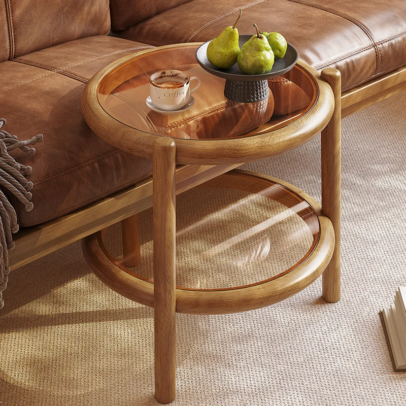 Traditional Rustic Plywood Removable Glass Tabletop Round End Table 2-Tier For Living Room