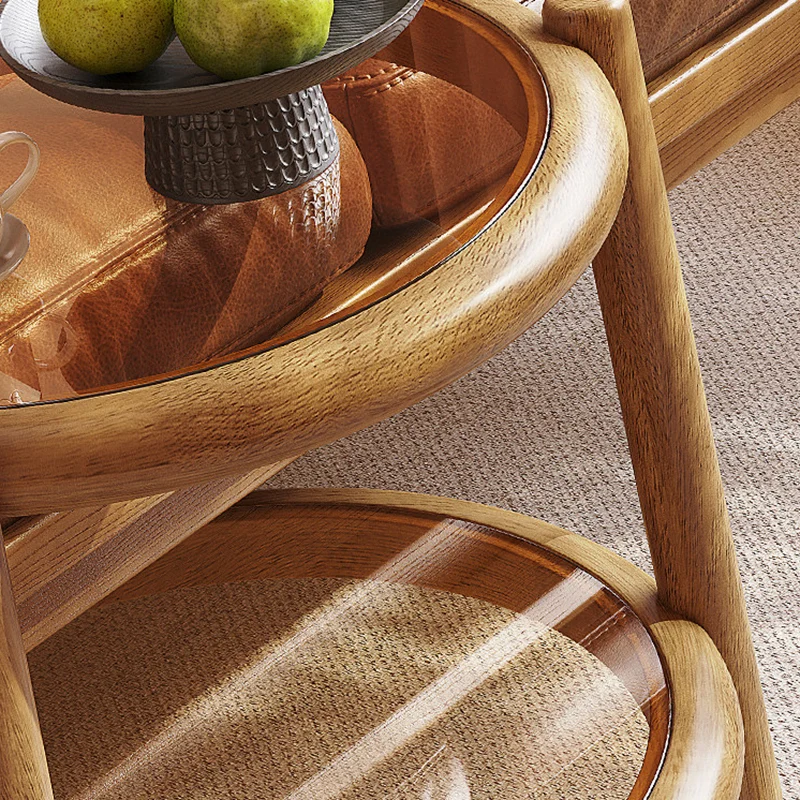 Traditional Rustic Plywood Removable Glass Tabletop Round End Table 2-Tier For Living Room