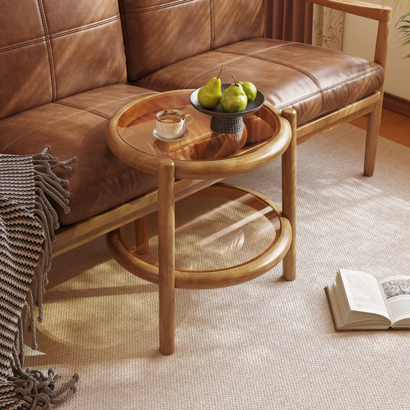 Traditional Rustic Plywood Removable Glass Tabletop Round End Table 2-Tier For Living Room