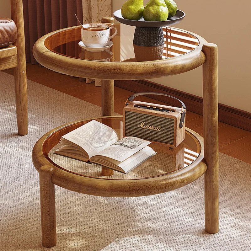 Traditional Rustic Plywood Removable Glass Tabletop Round End Table 2-Tier For Living Room