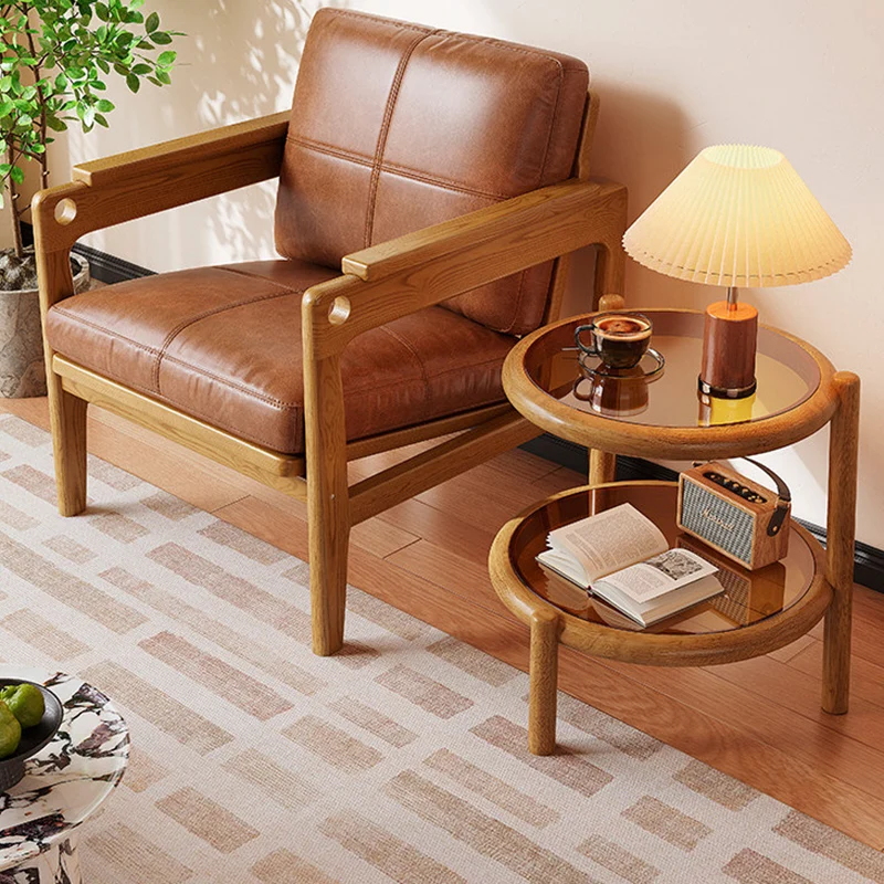 Traditional Rustic Plywood Removable Glass Tabletop Round End Table 2-Tier For Living Room