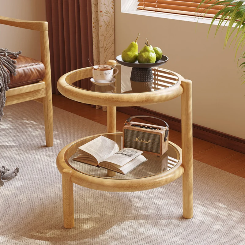 Traditional Rustic Plywood Removable Glass Tabletop Round End Table 2-Tier For Living Room