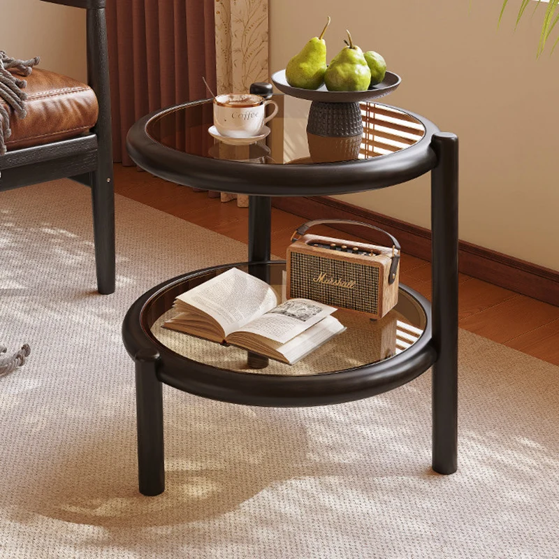 Traditional Rustic Plywood Removable Glass Tabletop Round End Table 2-Tier For Living Room