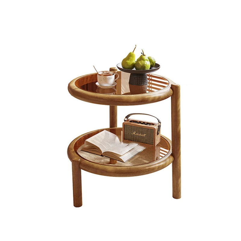 Traditional Rustic Plywood Removable Glass Tabletop Round End Table 2-Tier For Living Room