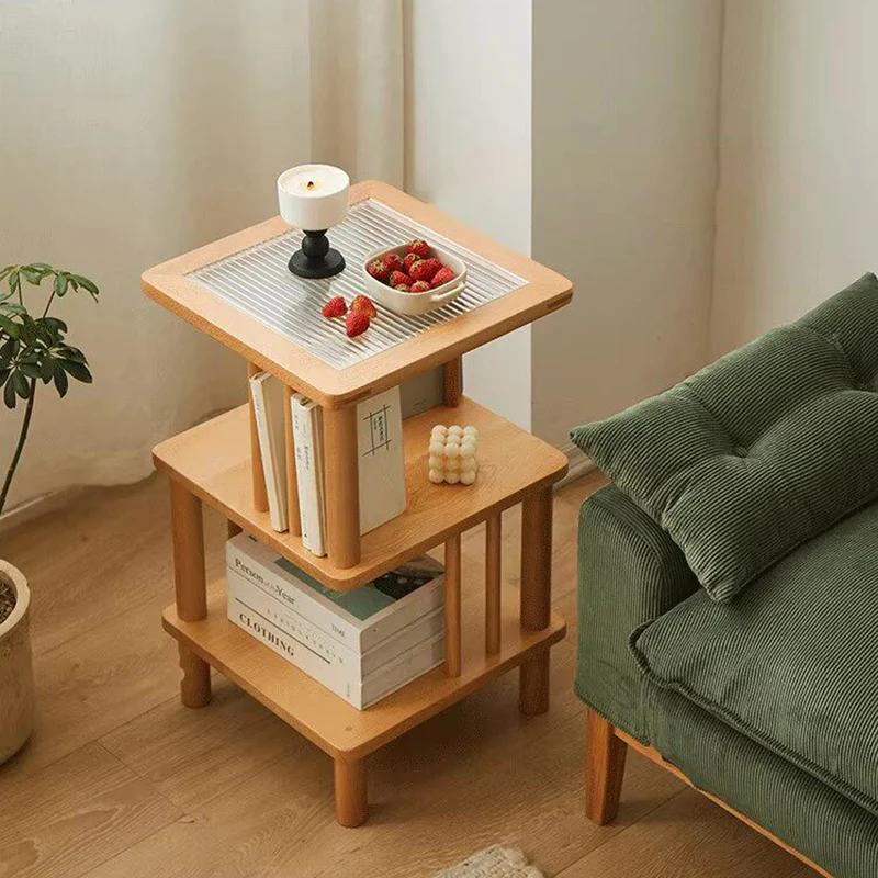 Traditional Japanese Beech Wood Glass Offset Geometric End Table 3-Tier For Living Room