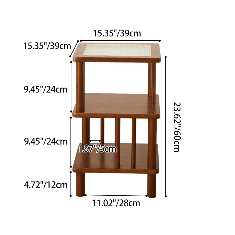 Traditional Japanese Beech Wood Glass Offset Geometric End Table 3-Tier For Living Room