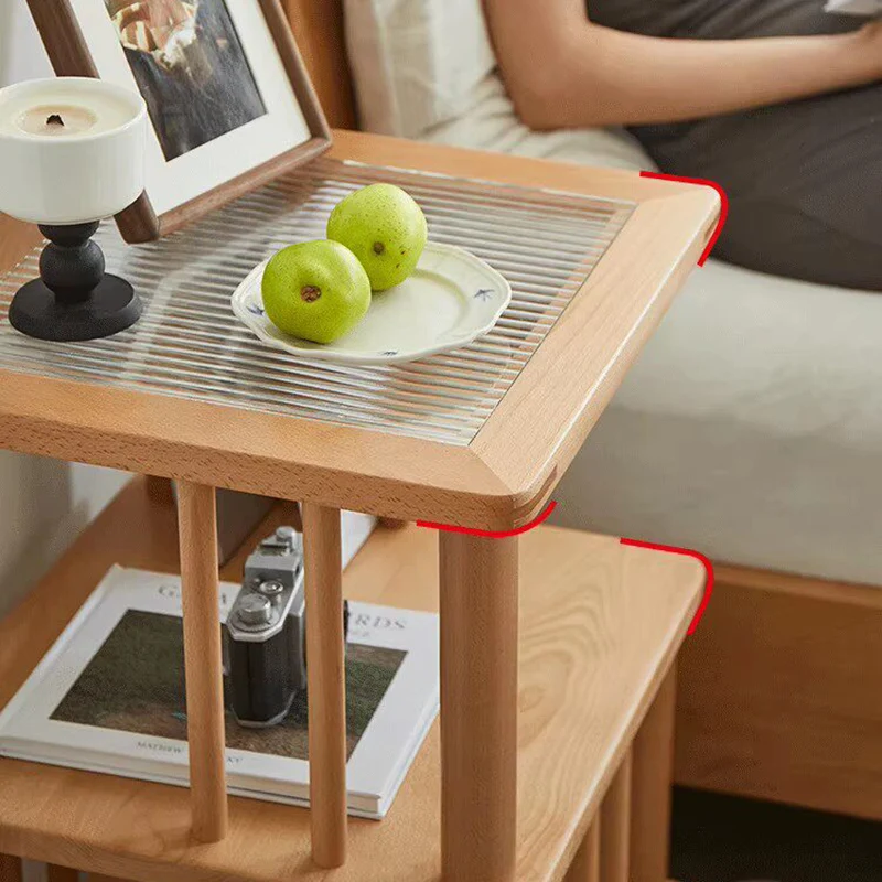 Traditional Japanese Beech Wood Glass Offset Geometric End Table 3-Tier For Living Room