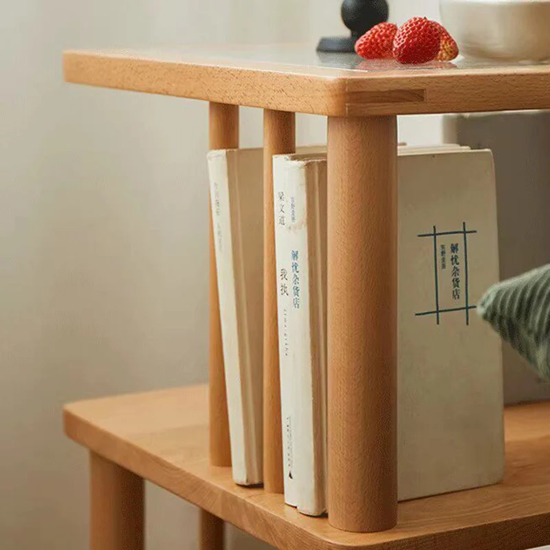 Traditional Japanese Beech Wood Glass Offset Geometric End Table 3-Tier For Living Room