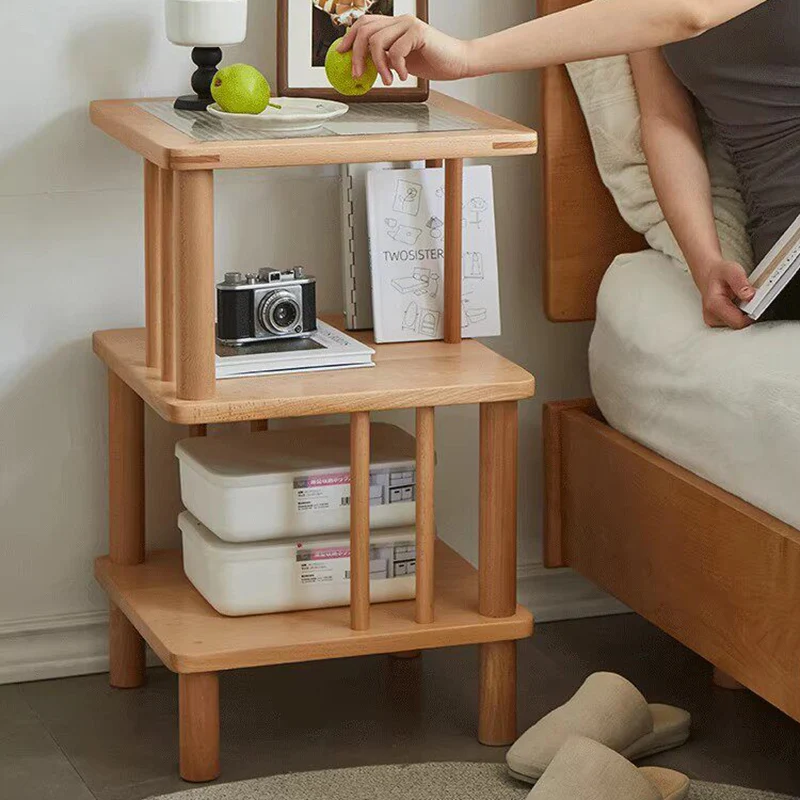 Traditional Japanese Beech Wood Glass Offset Geometric End Table 3-Tier For Living Room