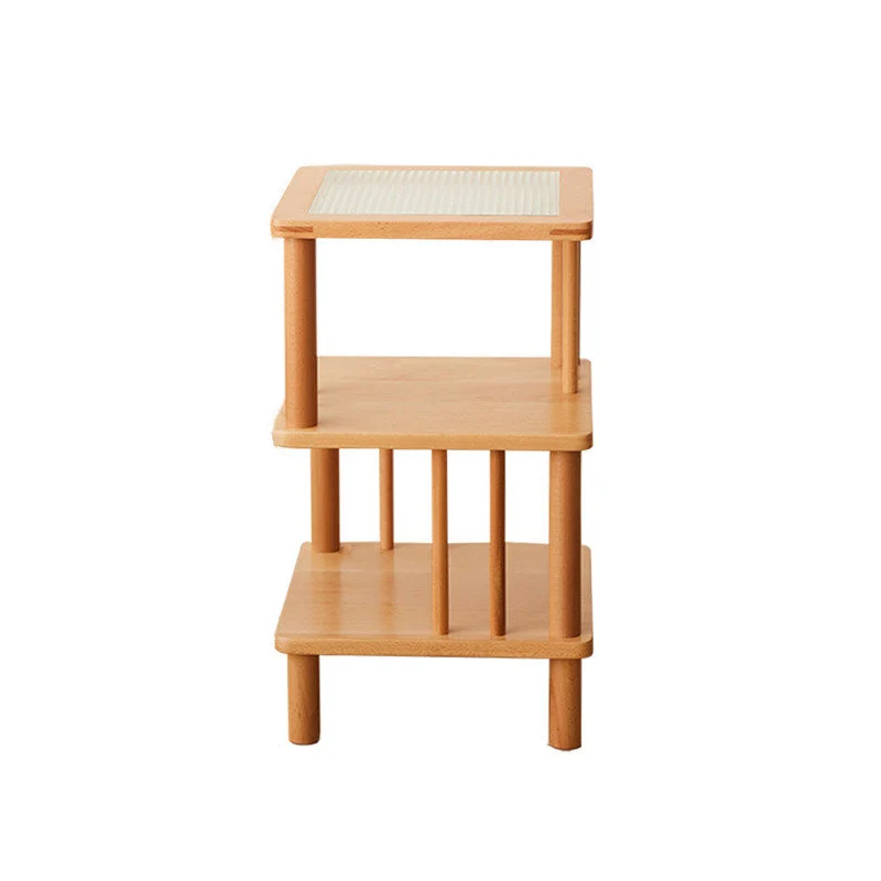 Traditional Japanese Beech Wood Glass Offset Geometric End Table 3-Tier For Living Room
