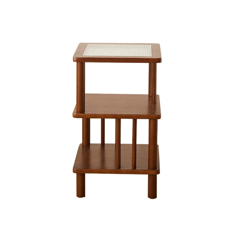 Traditional Japanese Beech Wood Glass Offset Geometric End Table 3-Tier For Living Room