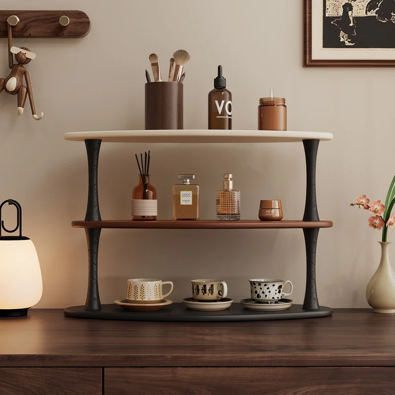 Contemporary Retro Rubberwood MDF Oval Lightweight Desktop Storage Shelf 3-Layer For Living Room & Entryway
