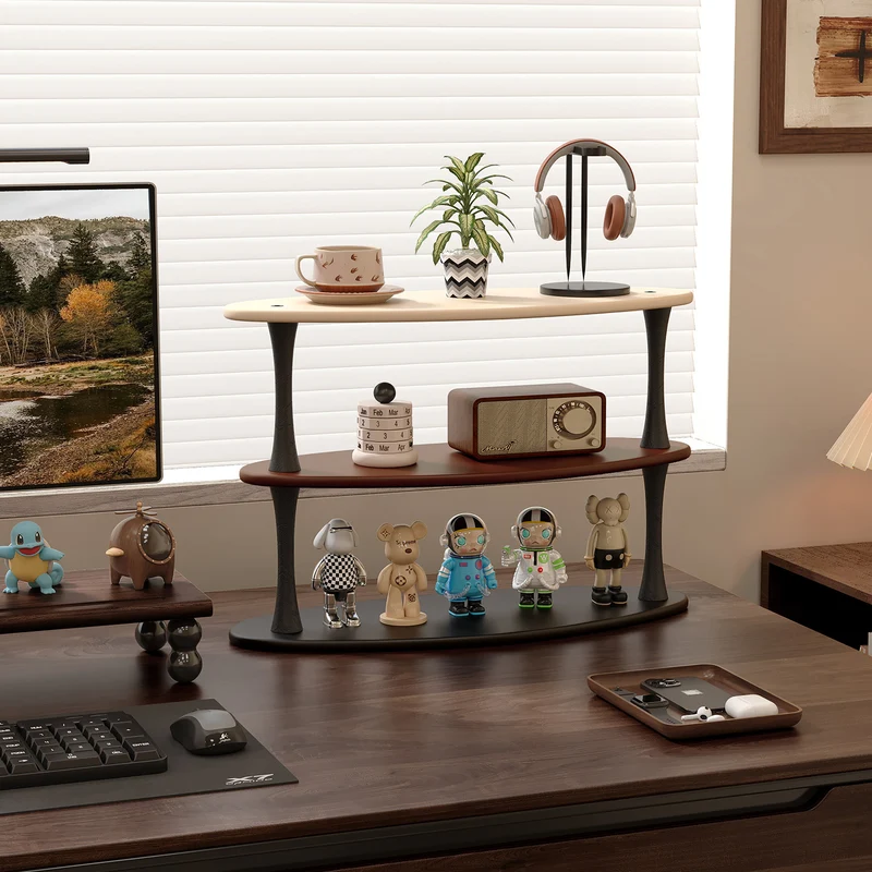 Contemporary Retro Rubberwood MDF Oval Lightweight Desktop Storage Shelf 3-Layer For Living Room & Entryway