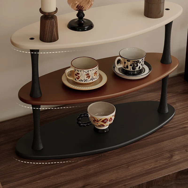 Contemporary Retro Rubberwood MDF Oval Lightweight Desktop Storage Shelf 3-Layer For Living Room & Entryway
