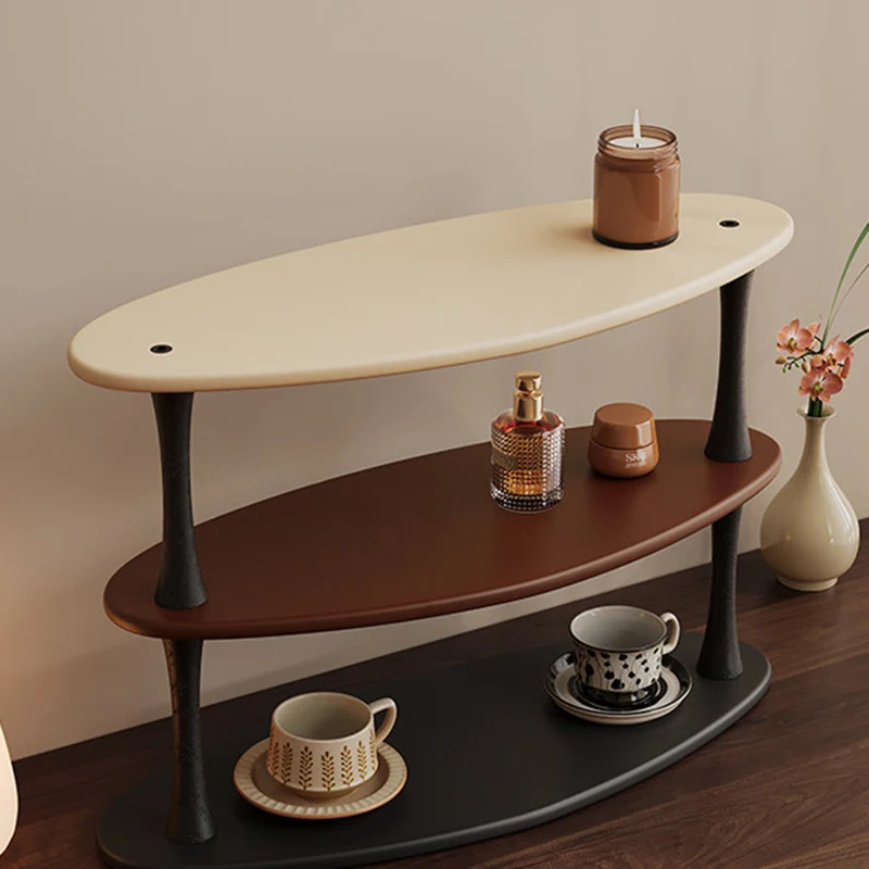 Contemporary Retro Rubberwood MDF Oval Lightweight Desktop Storage Shelf 3-Layer For Living Room & Entryway
