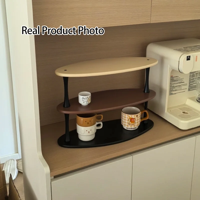 Contemporary Retro Rubberwood MDF Oval Lightweight Desktop Storage Shelf 3-Layer For Living Room & Entryway