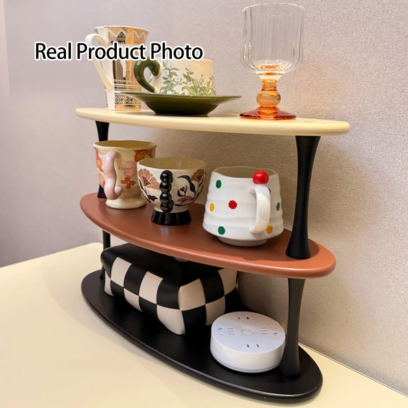 Contemporary Retro Rubberwood MDF Oval Lightweight Desktop Storage Shelf 3-Layer For Living Room & Entryway