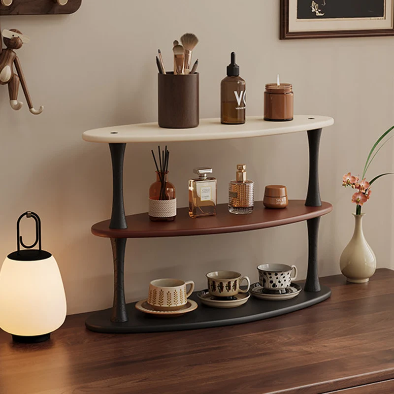 Contemporary Retro Rubberwood MDF Oval Lightweight Desktop Storage Shelf 3-Layer For Living Room & Entryway