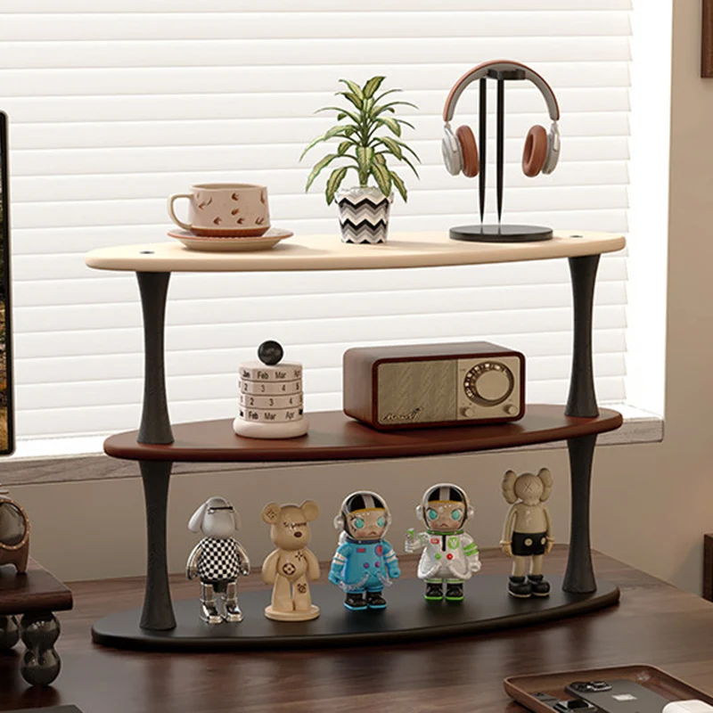 Contemporary Retro Rubberwood MDF Oval Lightweight Desktop Storage Shelf 3-Layer For Living Room & Entryway