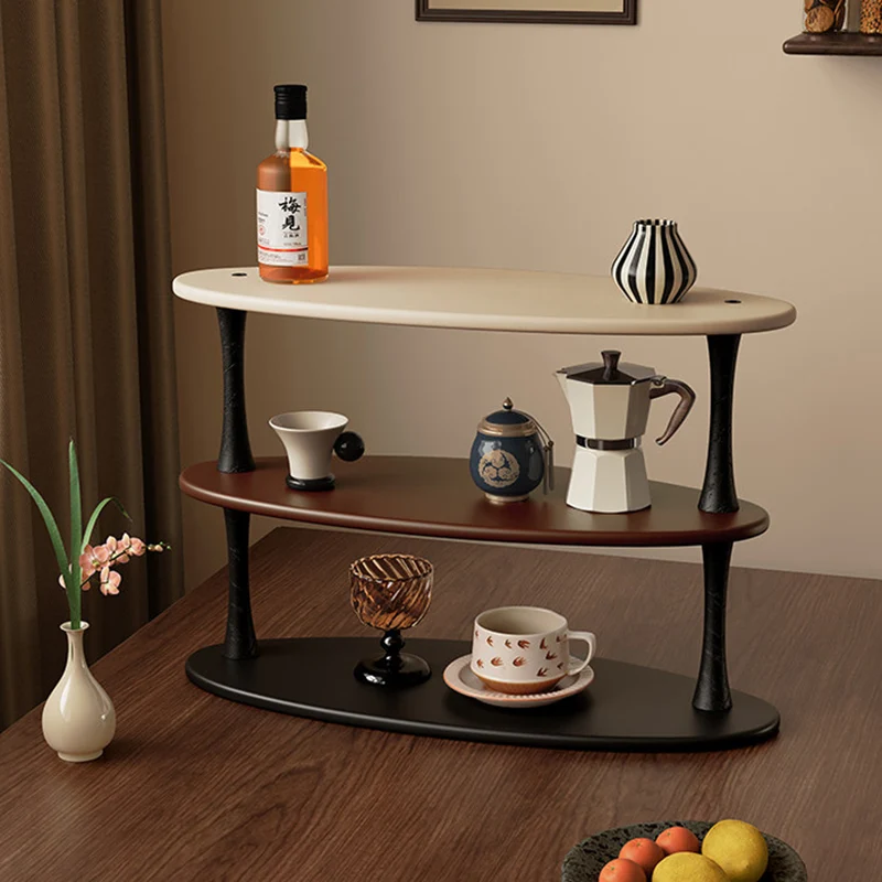Contemporary Retro Rubberwood MDF Oval Lightweight Desktop Storage Shelf 3-Layer For Living Room & Entryway