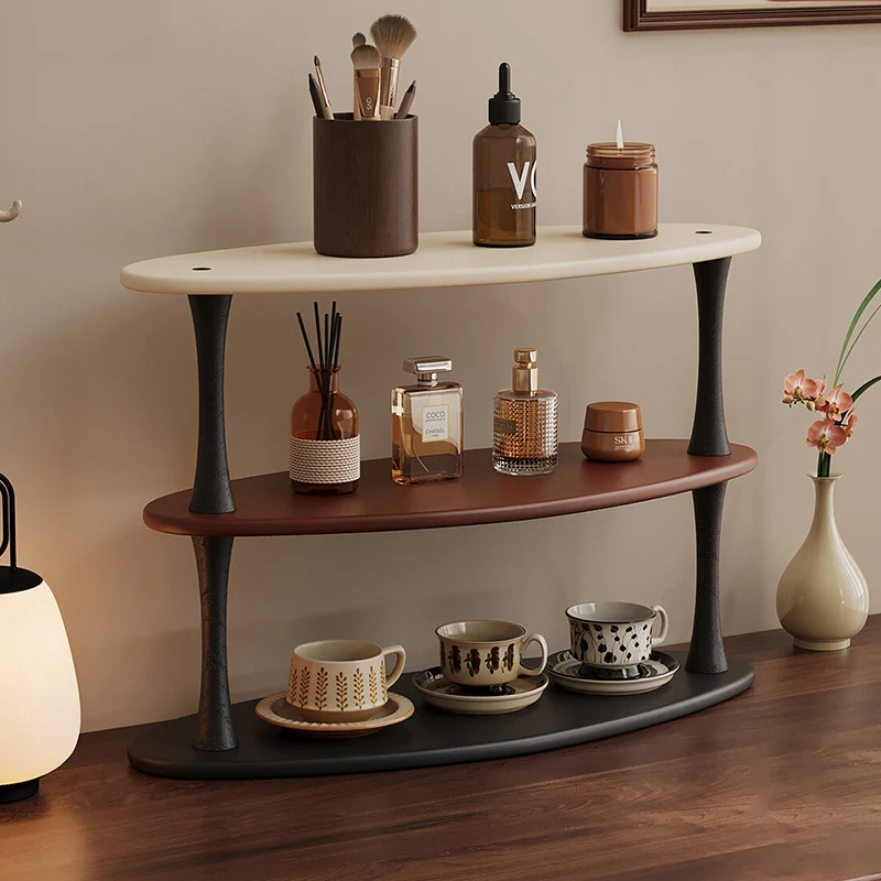 Contemporary Retro Rubberwood MDF Oval Lightweight Desktop Storage Shelf 3-Layer For Living Room & Entryway