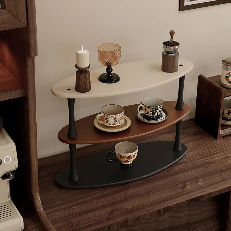 Contemporary Retro Rubberwood MDF Oval Lightweight Desktop Storage Shelf 3-Layer For Living Room & Entryway