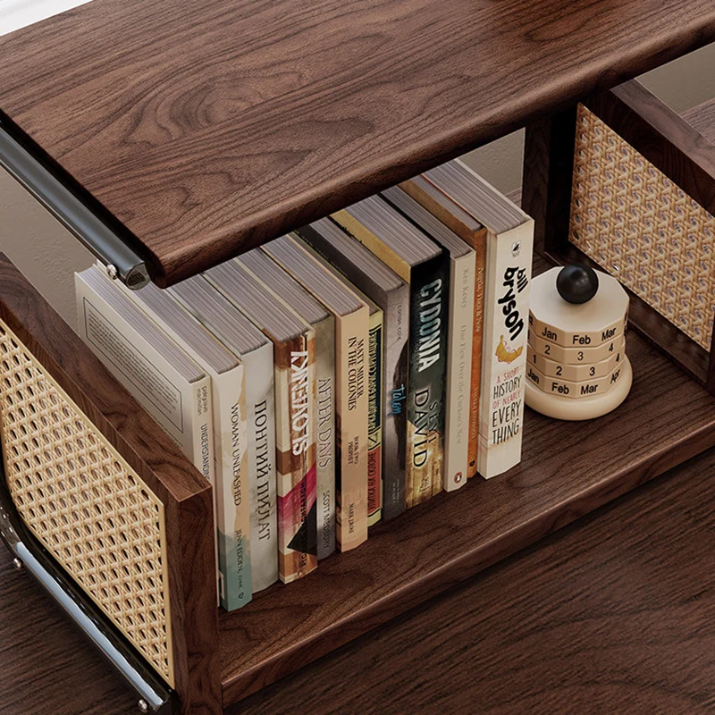 Traditional Rustic Walnut Wood Stainless Steel PVC Rattan Weaving C-Shaped Storage Shelf 2-Tier Organizer For Dining Room & Entryway