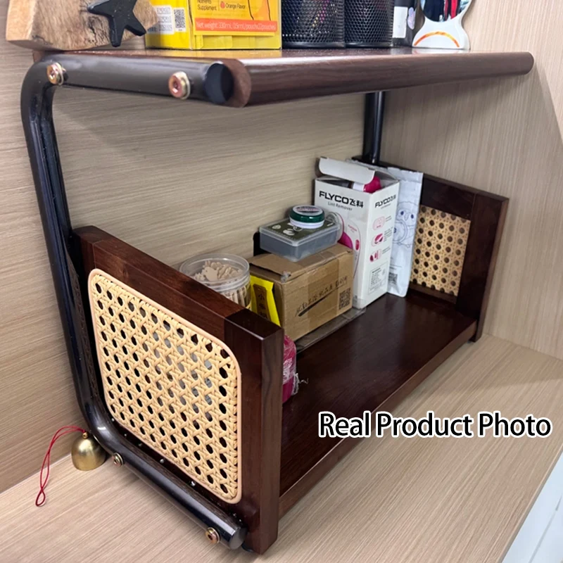 Traditional Rustic Walnut Wood Stainless Steel PVC Rattan Weaving C-Shaped Storage Shelf 2-Tier Organizer For Dining Room & Entryway