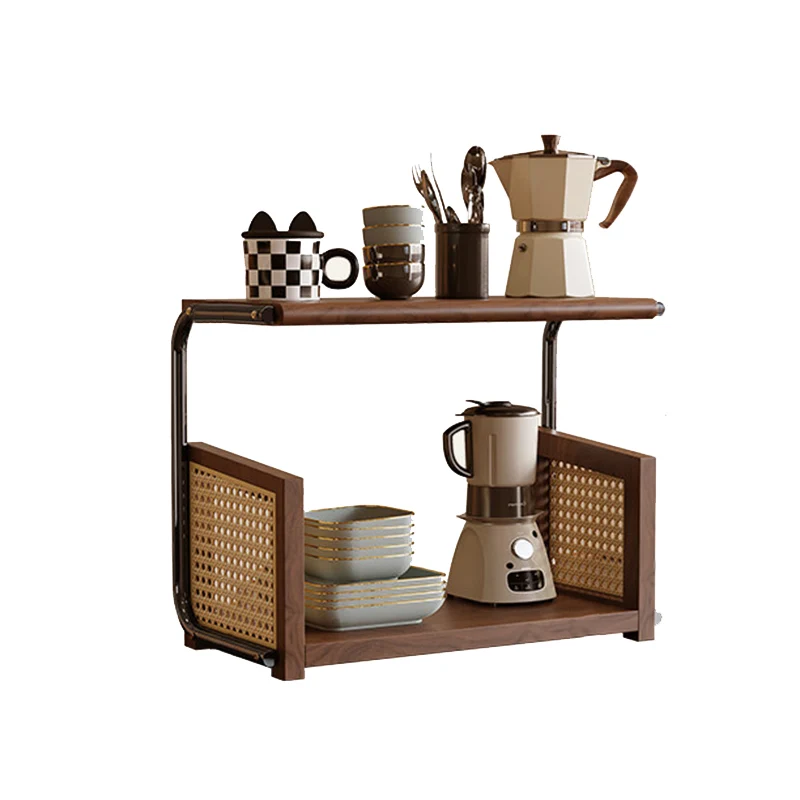 Traditional Rustic Walnut Wood Stainless Steel PVC Rattan Weaving C-Shaped Storage Shelf 2-Tier Organizer For Dining Room & Entryway