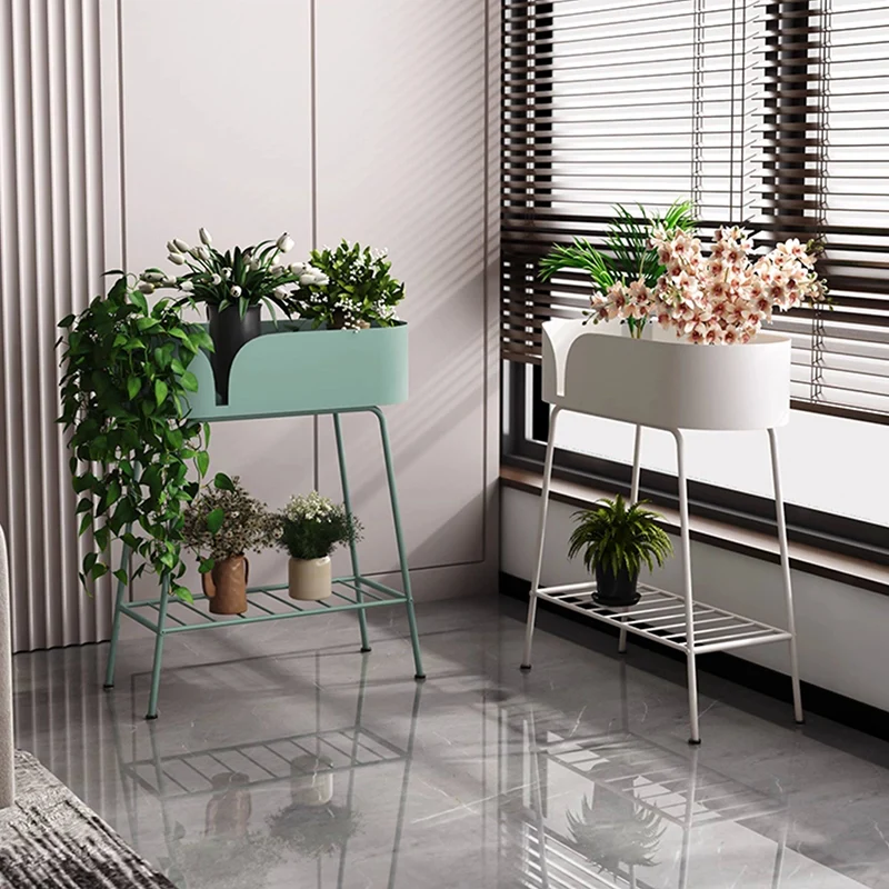Modern Minimalist Iron Oval Plant Indoor Storage Shelf 2-Tier For Living Room & Balcony