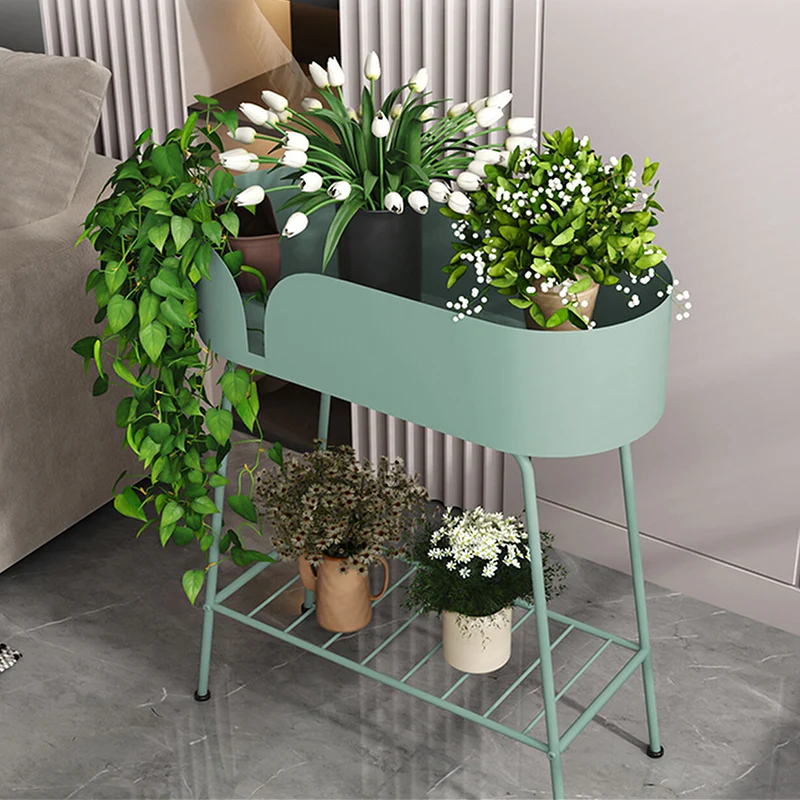 Modern Minimalist Iron Oval Plant Indoor Storage Shelf 2-Tier For Living Room & Balcony