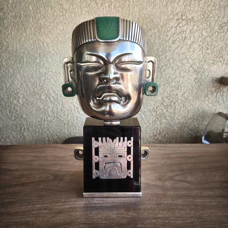 Mexican Olmec mask from Palenque, obsidian and silver ornaments, Ezequiel Tapia