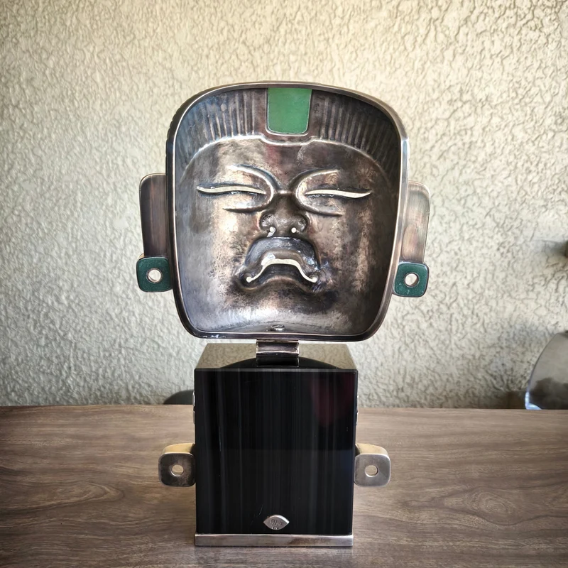 Mexican Olmec mask from Palenque, obsidian and silver ornaments, Ezequiel Tapia