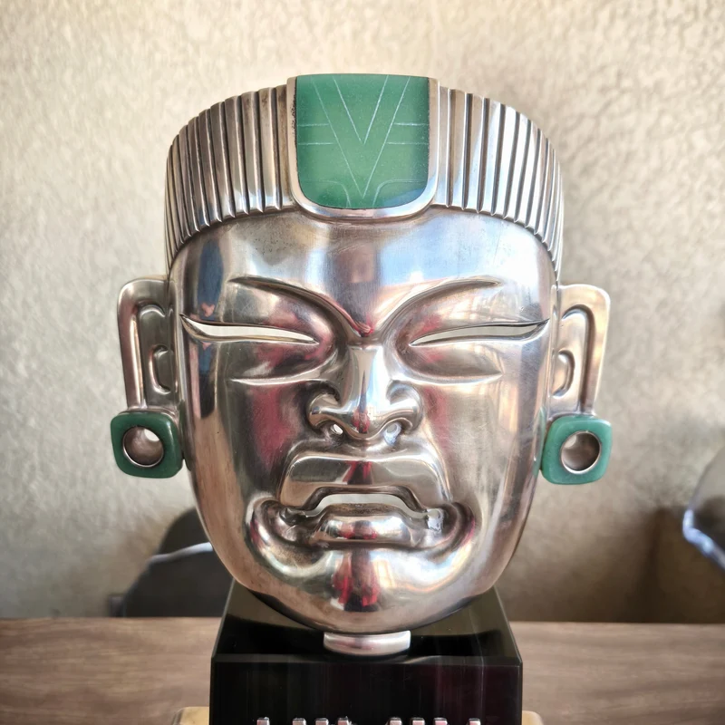 Mexican Olmec mask from Palenque, obsidian and silver ornaments, Ezequiel Tapia