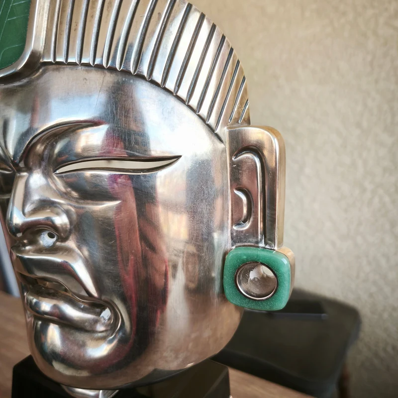 Mexican Olmec mask from Palenque, obsidian and silver ornaments, Ezequiel Tapia
