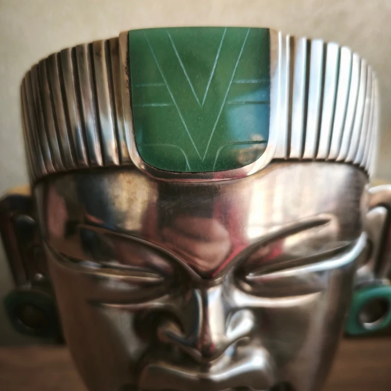 Mexican Olmec mask from Palenque, obsidian and silver ornaments, Ezequiel Tapia