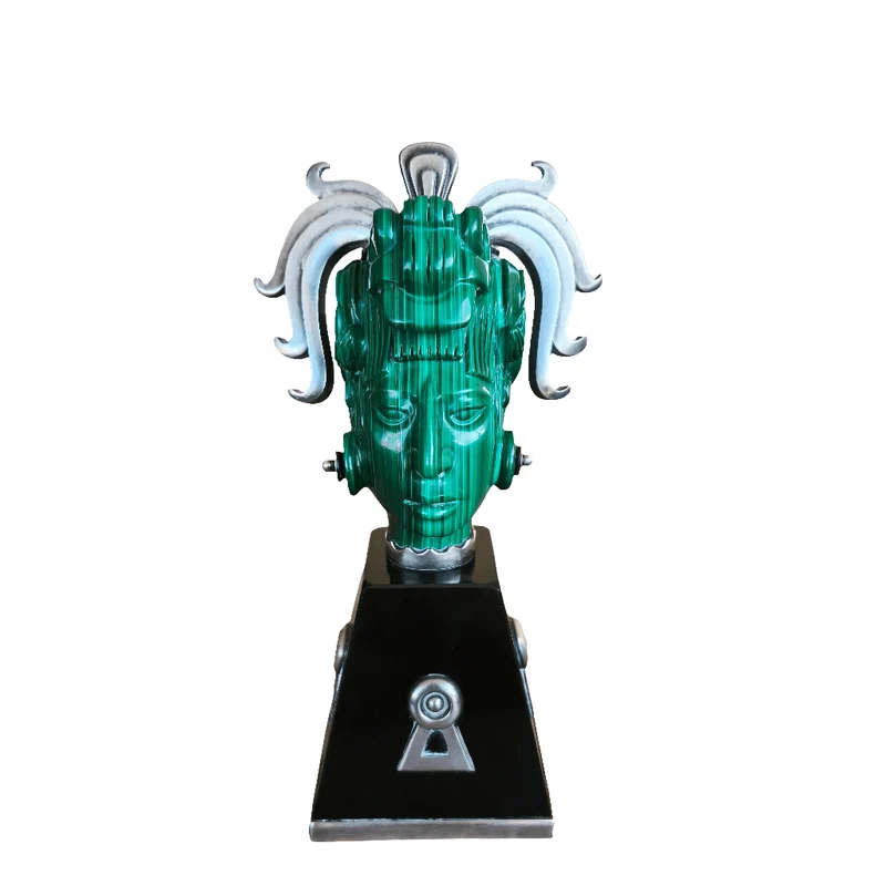 Mexican Mayan head, malachite stone, silver obsidian base, Ezequiel Tapia