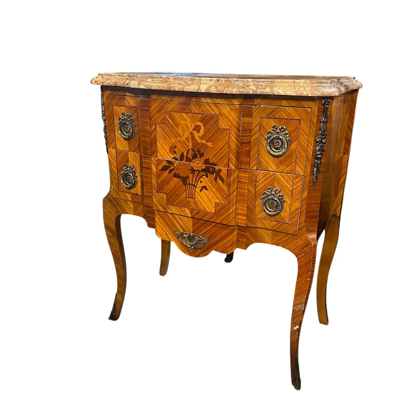 Contemporary French Transitional style small chest of drawers with bronze marquetry and marble top