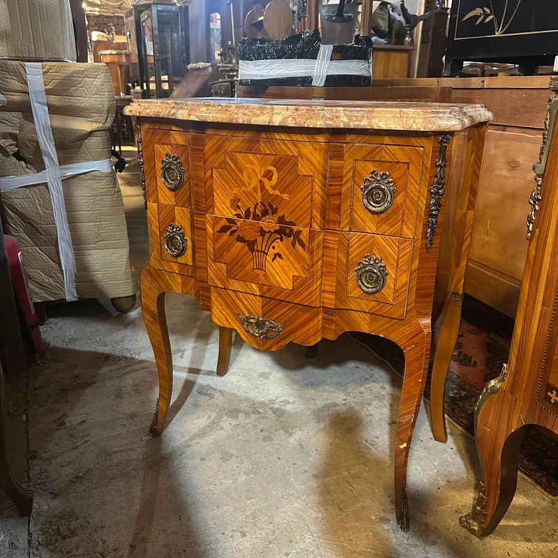 Contemporary French Transitional style small chest of drawers with bronze marquetry and marble top