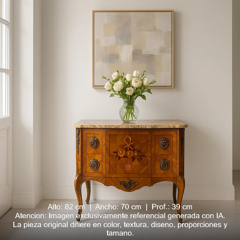 Contemporary French Transitional style small chest of drawers with bronze marquetry and marble top