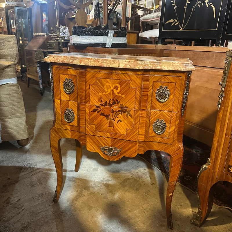 Contemporary French Transitional style small chest of drawers with bronze marquetry and marble top