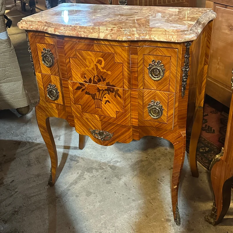 Contemporary French Transitional style small chest of drawers with bronze marquetry and marble top