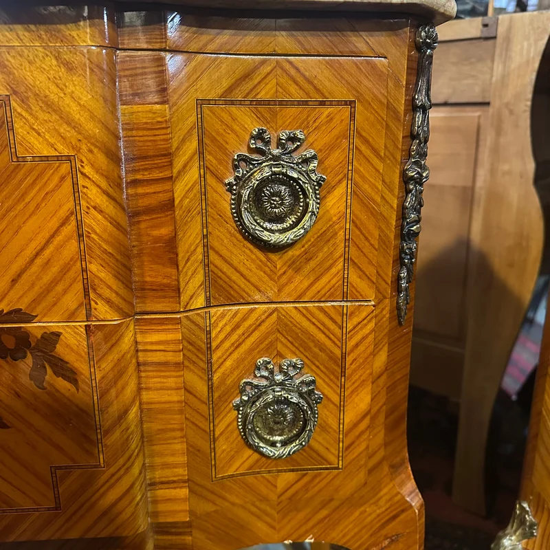 Contemporary French Transitional style small chest of drawers with bronze marquetry and marble top
