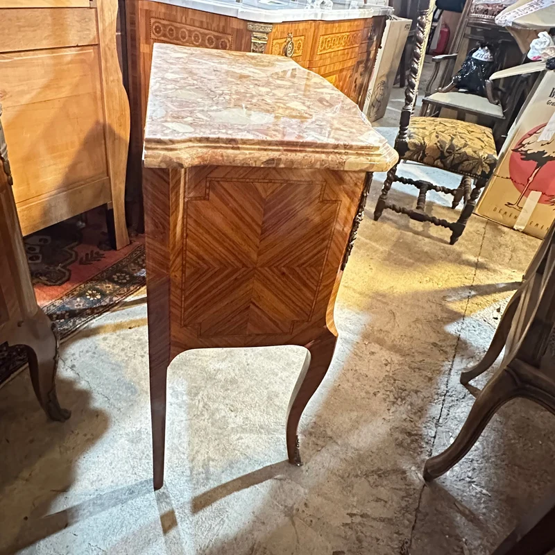 Contemporary French Transitional style small chest of drawers with bronze marquetry and marble top