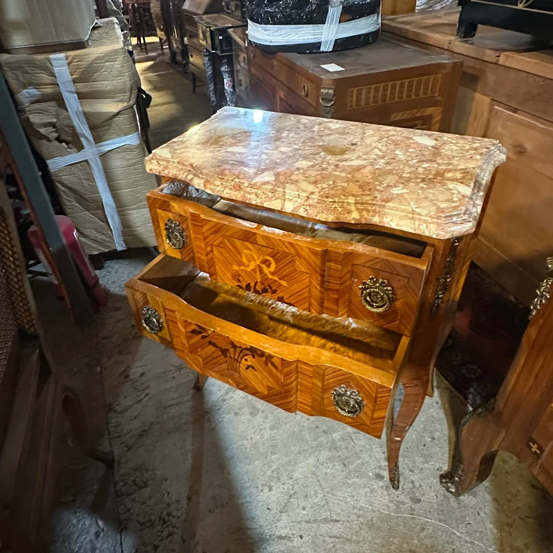 Contemporary French Transitional style small chest of drawers with bronze marquetry and marble top