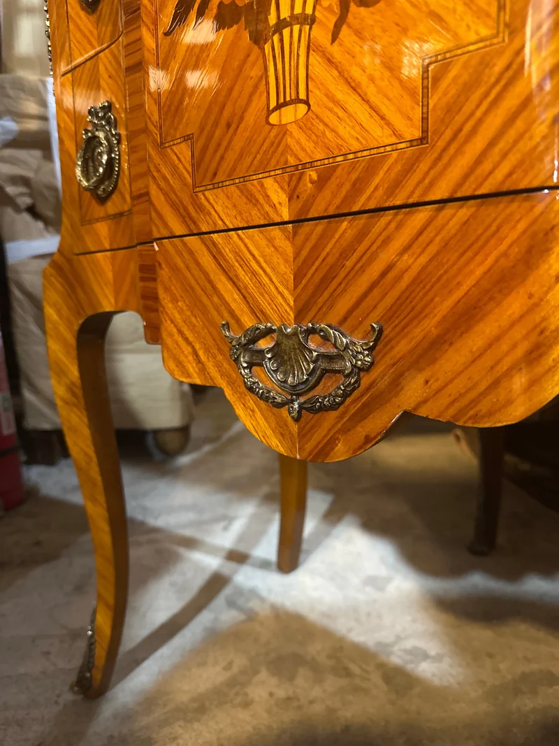 Contemporary French Transitional style small chest of drawers with bronze marquetry and marble top